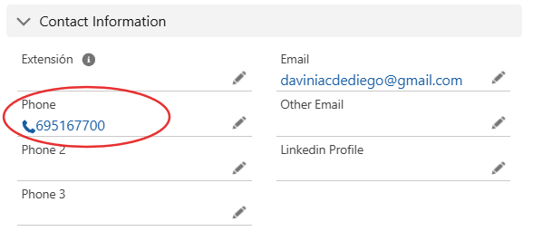 Icono de teléfono en Salesforce para iniciar llamada.