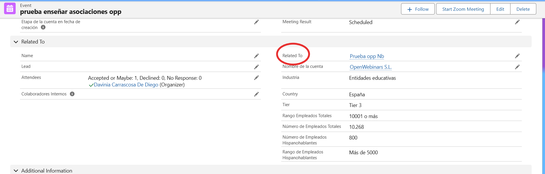 Campo 'Related To' en un evento de Salesforce