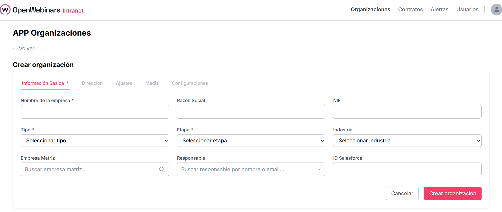 Pantalla de creación de organización