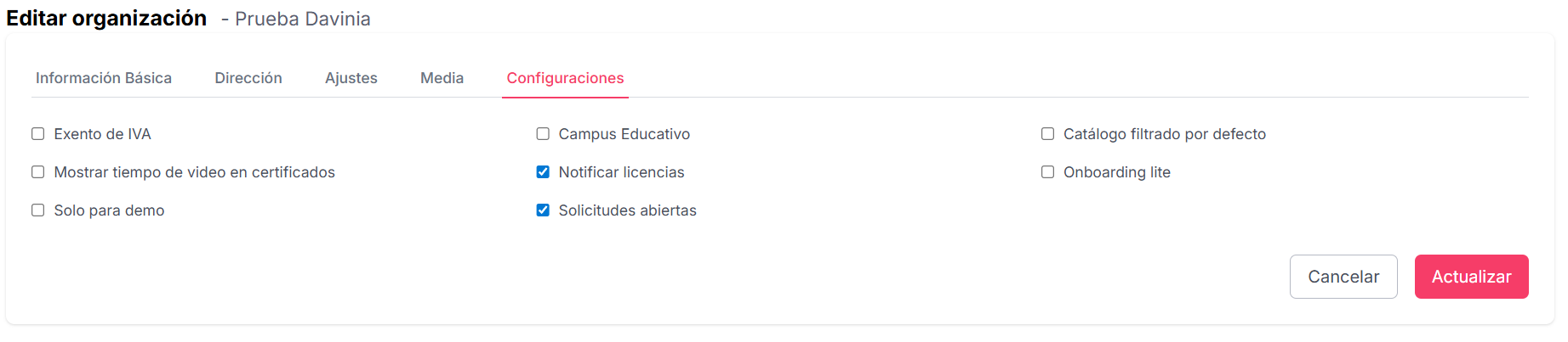 Pestaña de Configuraciones en la Organización