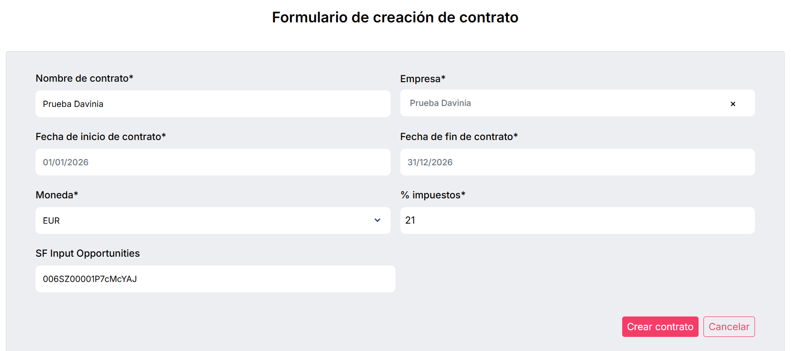 Formulario de creación de contrato