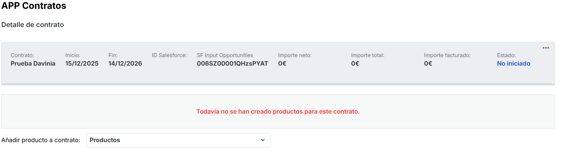 Ficha de contrato recién creado mostrando la sección de líneas de contrato