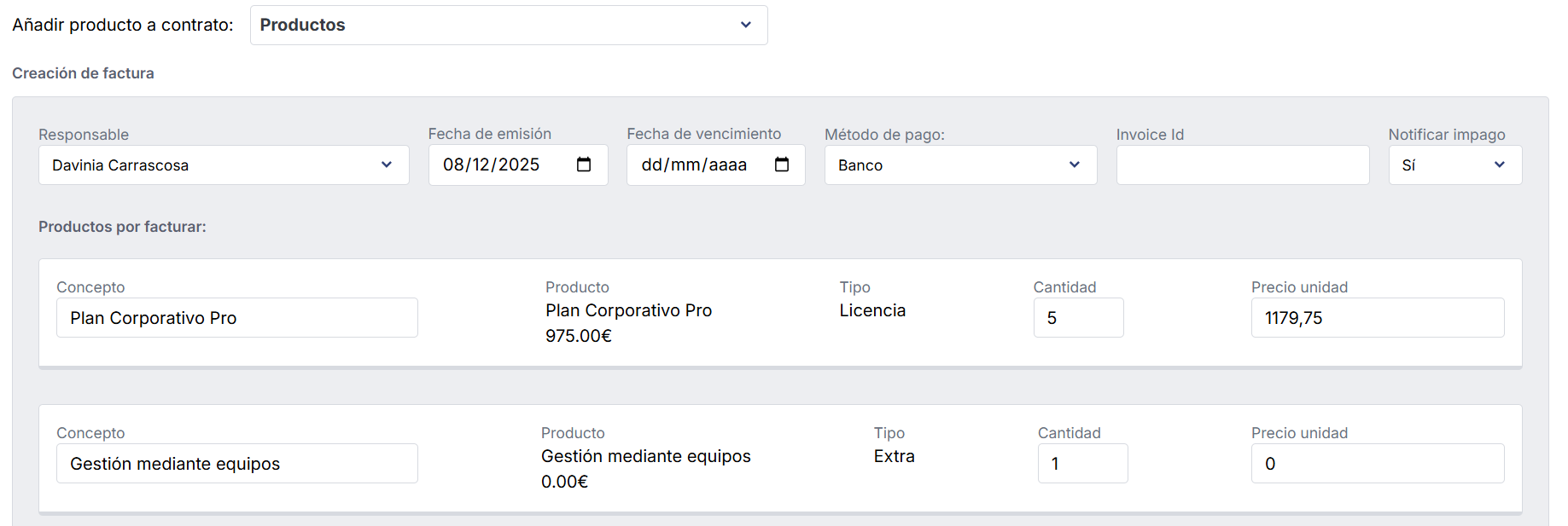 Formulario de creación de factura y campo Notificar Impago