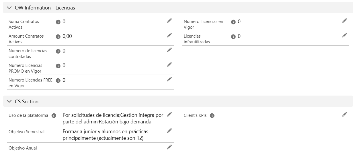 Información de licencias y sección de CS