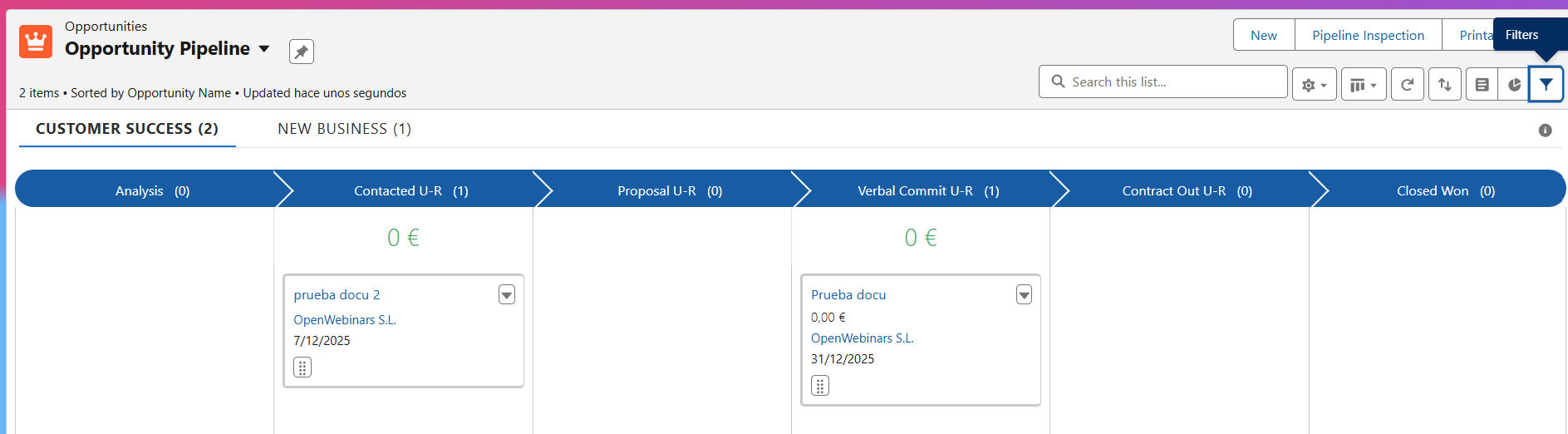 Vista de lista de oportunidades con filtros en Salesforce